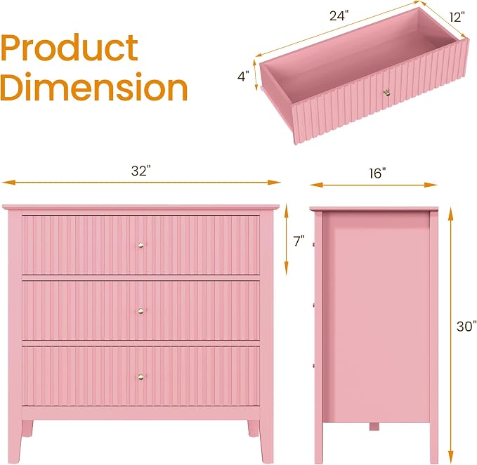 RoyalCraft Fluted 32 inch Wide Nightstand Set of 2, Large Pink Nightstand - Image 2