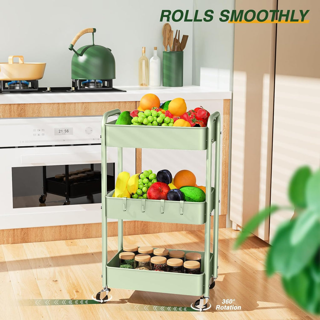 LEHOM 3 Tier Rolling Cart, Metal Rolling Utility Cart with Lockable