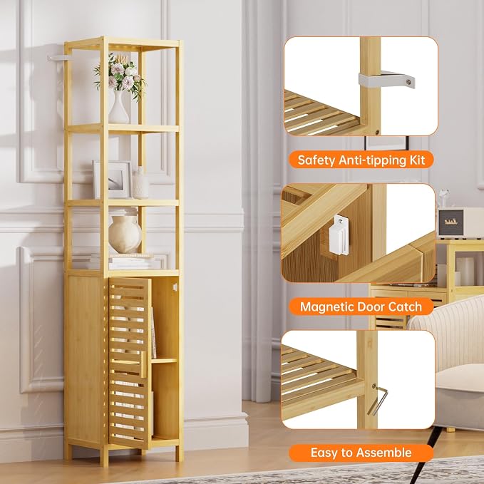 HITNET Bathroom Floor Cabinet, 6 Tier Tall Thin Linen Tower Storage Cabinet - Image 6