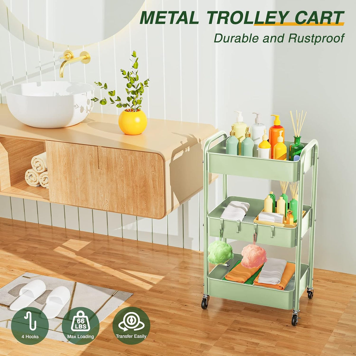 LEHOM 3 Tier Rolling Cart, Metal Rolling Utility Cart with Lockable