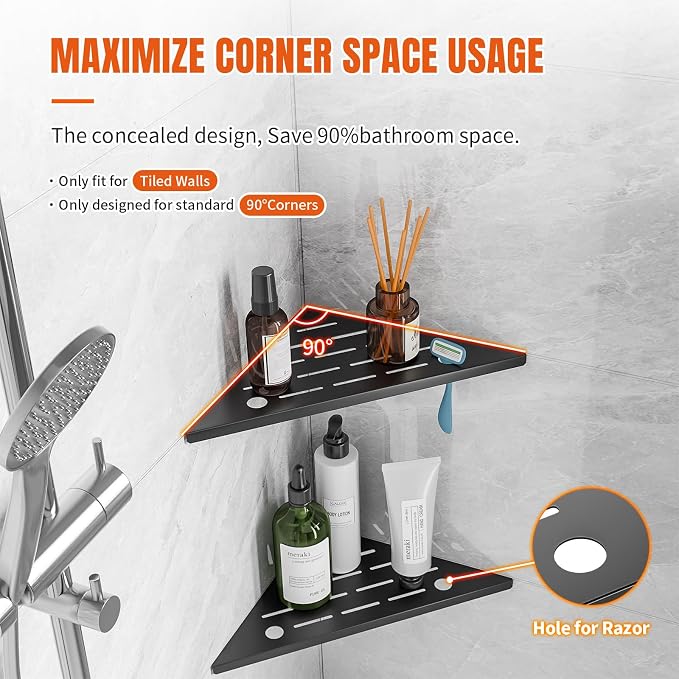 Corner Shower Shelf with Razor Hole, Modern Sturdy Shower Caddy, No Drilling - Image 6