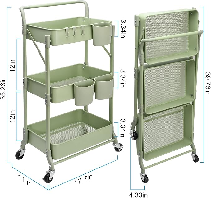 Foldable 3 Tier Rolling Cart, Metal Utility Cart, Folding Mobile Multi-Function - Image 5