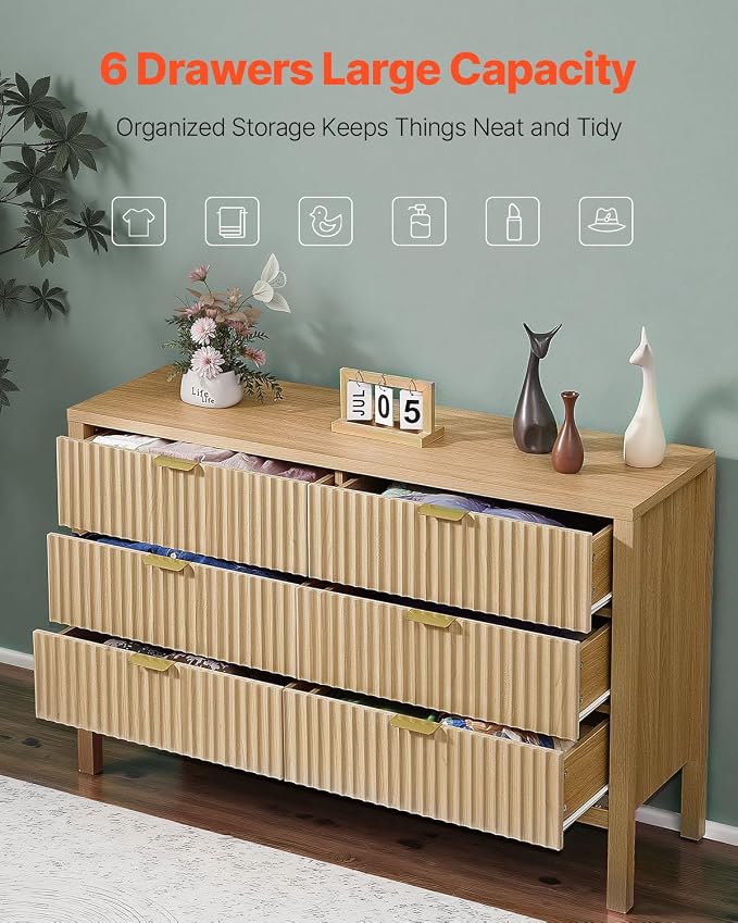 VEVOR Fluted Dresser with 6 Drawer, Modern Closet Dresser TV Stand, Boho Wood - Image 6