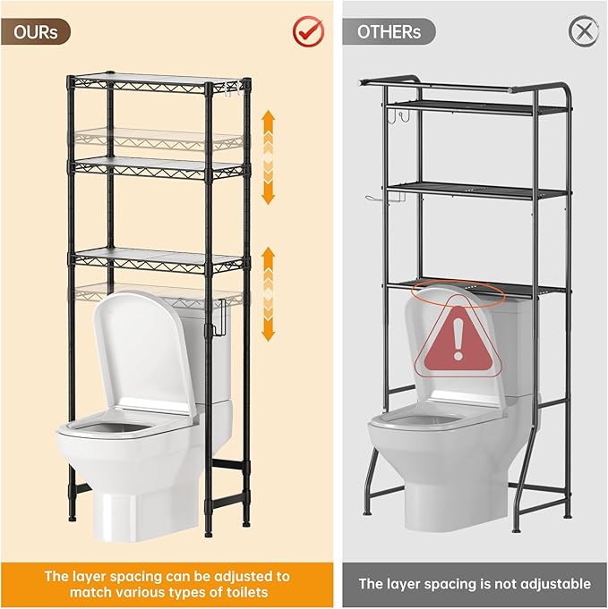 3-Tier Over The Toilet Storage Shelf, Heavy Duty Adjustable Metal Bathroom Rack - Image 7
