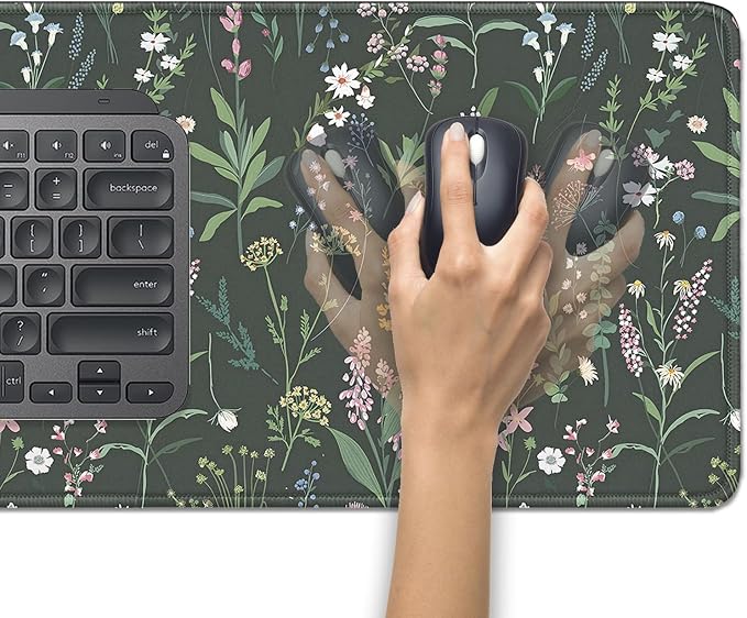 Green Plant Floral Mouse Pad, Large Flowers Mousepad Desk Pad - Image 5
