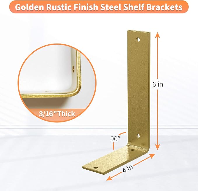 Gold Heavy Duty Shelf Brackets 6 Inch, Rustic Gold Iron L Shelf Bracket - Image 2