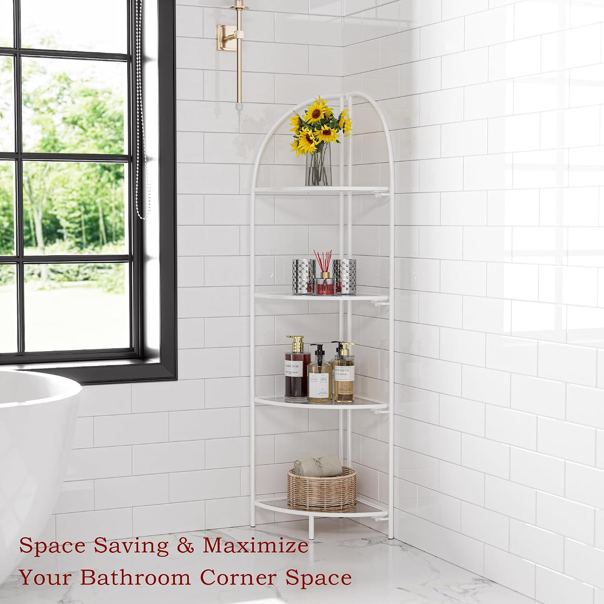 4-Tier Foldable Corner Shelf, Metal White Frame & Transparent Shelves