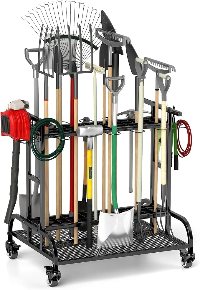 Garden Tool Organizer with Wheels, Large Capacity Garage Tool Rack with Hooks by Unknown