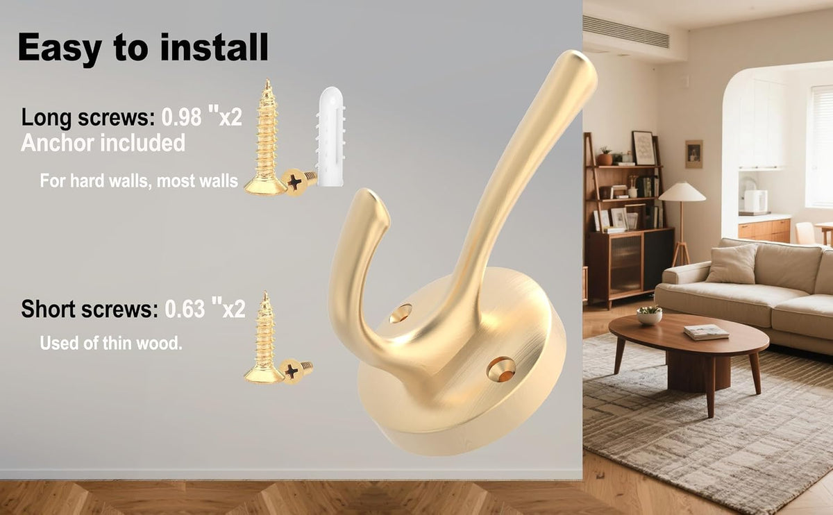 Gold Hat and Coat Hooks, 4 Pack Heavy Duty Coat Robe Hook, Metal