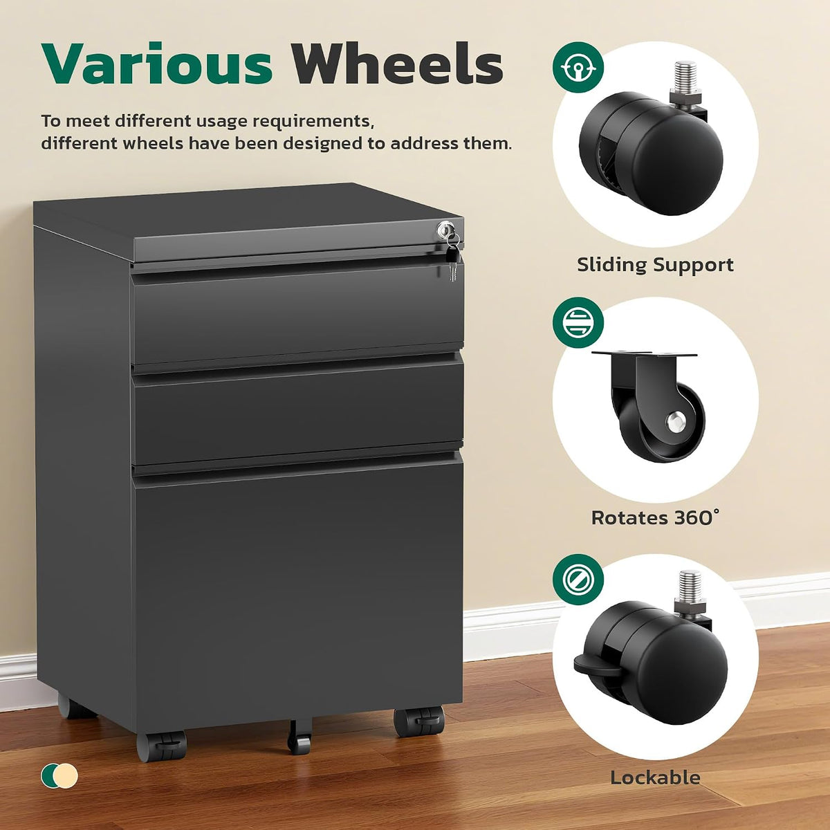 3 Drawer Mobile File Cabinet with Lock, Metal Filing Cabinet on