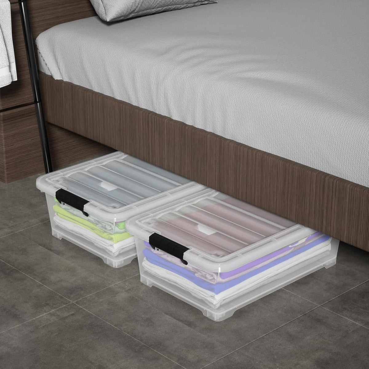 Saedy 4 Packs Plastic Under Bed Shallow Storage Box with Wheels 20 L