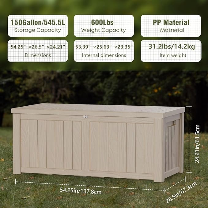 150 Gallon Outdoor Storage Box Waterproof Lockable Resin Deck Box Large - Image 2