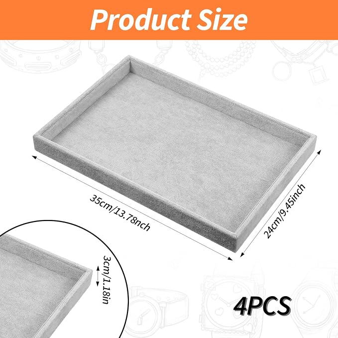 4 Pack Gray Velvet Stackable Jewelry Tray Showcase Display - Image 2