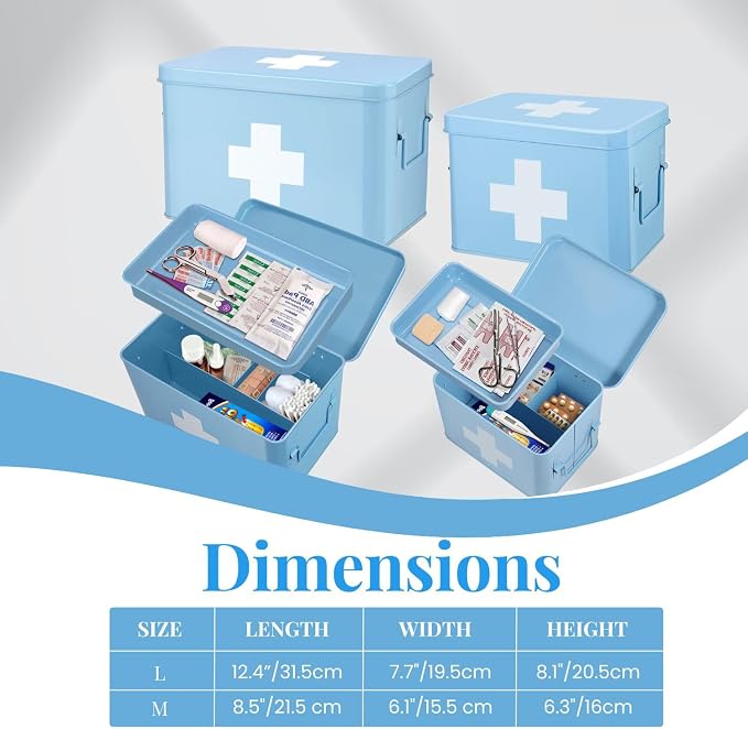 Flexzion First Aid Box Organizer Empty 13" Blue Vintage First Aid Kit Tin Metal - Image 7