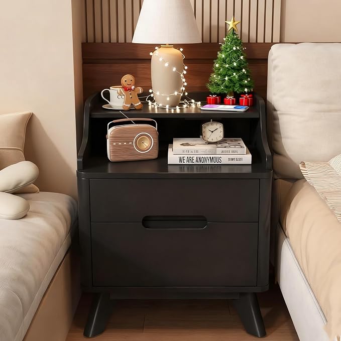 Nightstand with Charging Station, Wood Night Stand with Hidden Handle by SOLACEFURNITURE