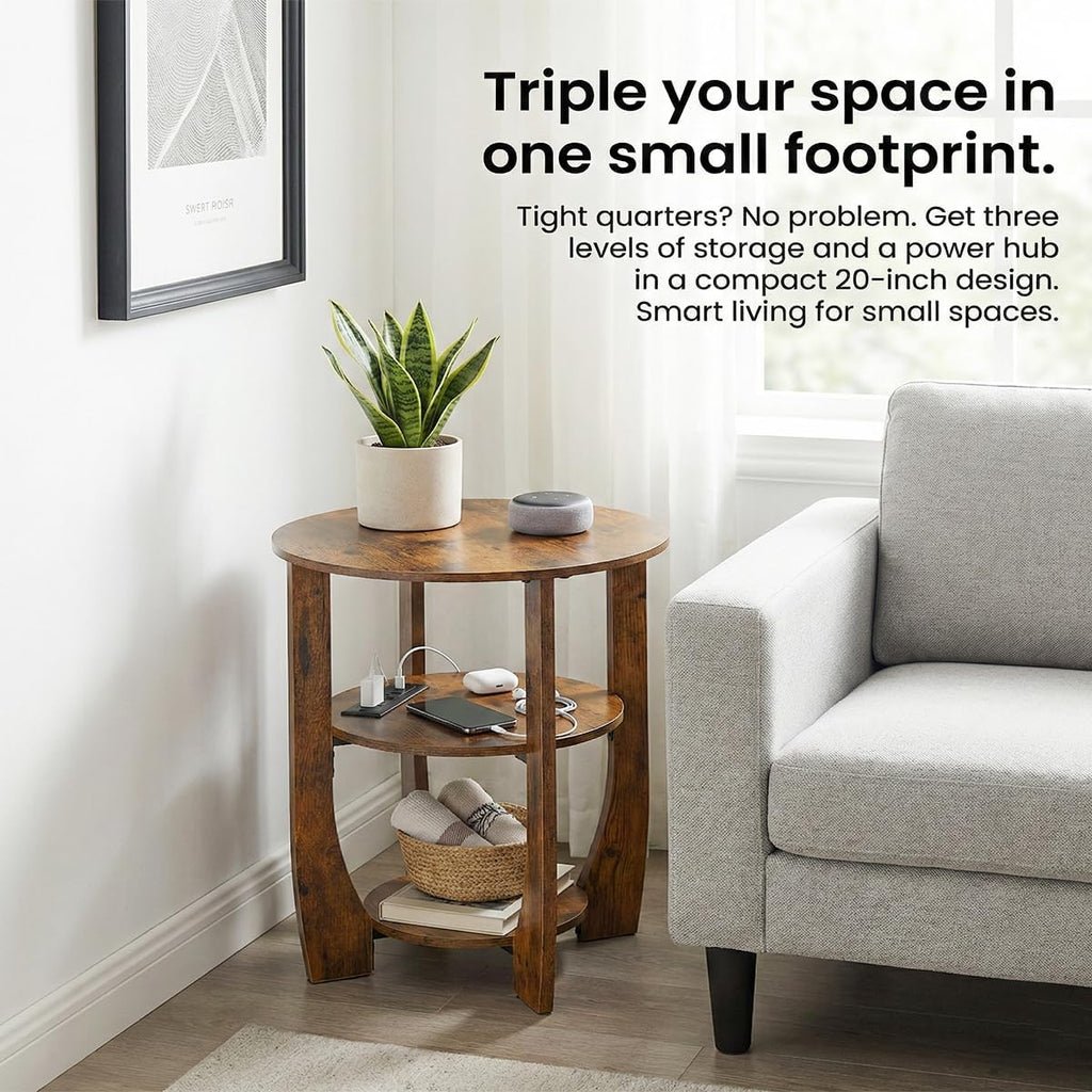 Round Side Table with Charging Station,19.7" D,Rustic Brown