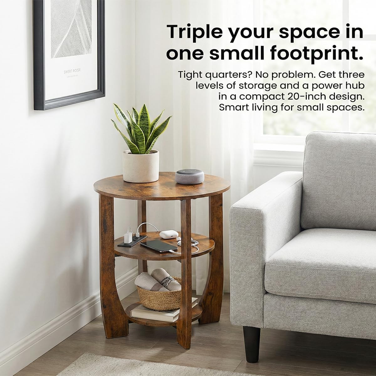 Round Side Table with Charging Station,19.7" D,Rustic Brown