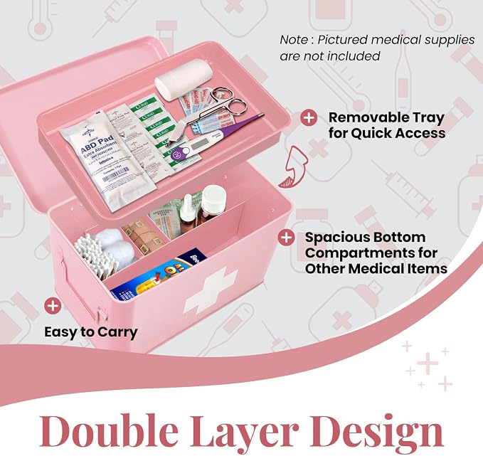 Flexzion First Aid Box Organizer Empty 13" Pink Vintage First Aid Kit Tin Metal - Image 5