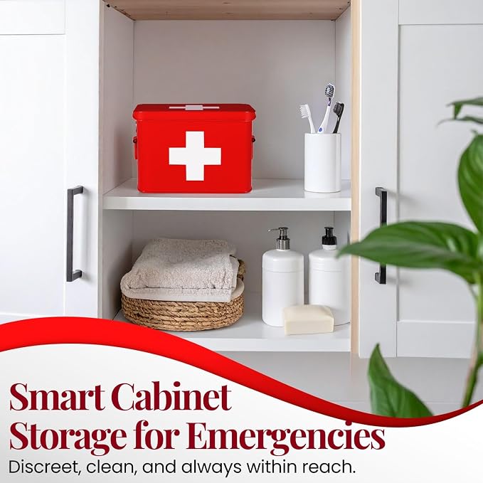 Flexzion First Aid Box Organizer, Empty 8.5 Inch Red Vintage First Aid Kit Tin - Image 3