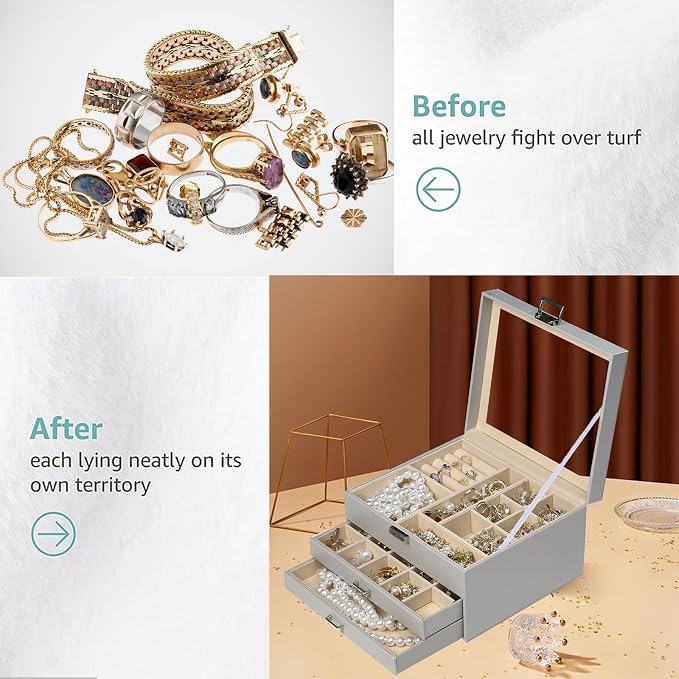 BOOVO Clear Lid Jewelry Box, 3 Layers Jewelry Organizer Large Multi-Functional - Image 5