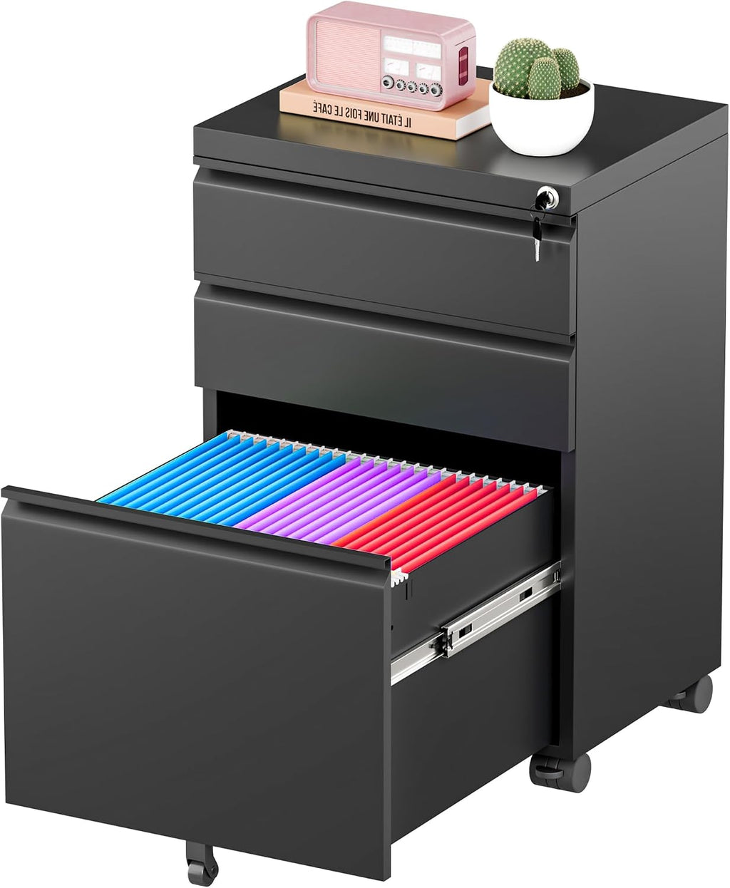 3 Drawer Mobile File Cabinet with Lock, Metal Filing Cabinet on