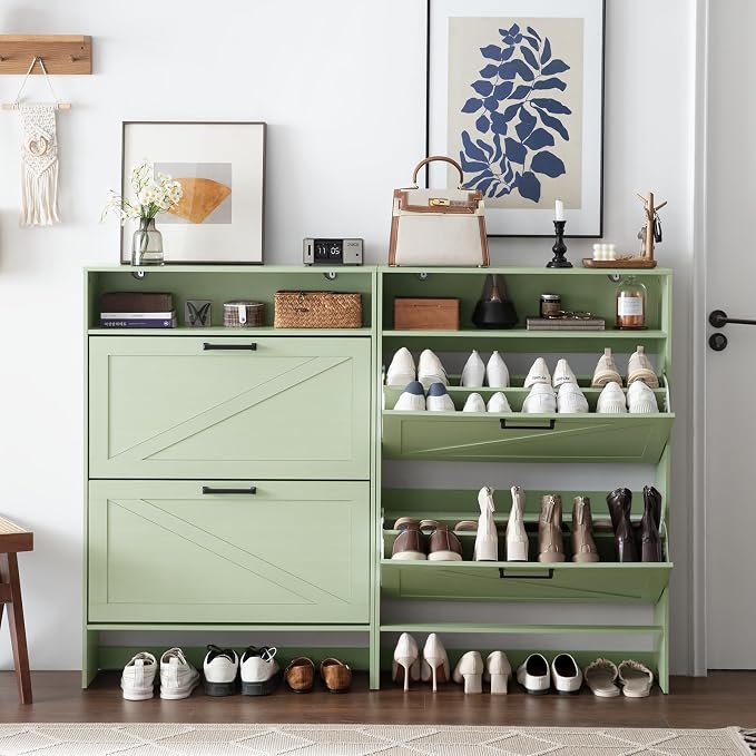 Shoe Storage Cabinet with 2 Flip Drawers, Farmhouse Shoe Organizer with Legs - Image 4