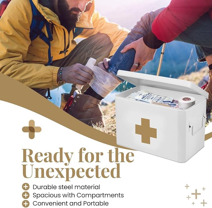 Flexzion First Aid Box Organizer Empty 13" White Vintage First Aid Kit Tin - Image 4