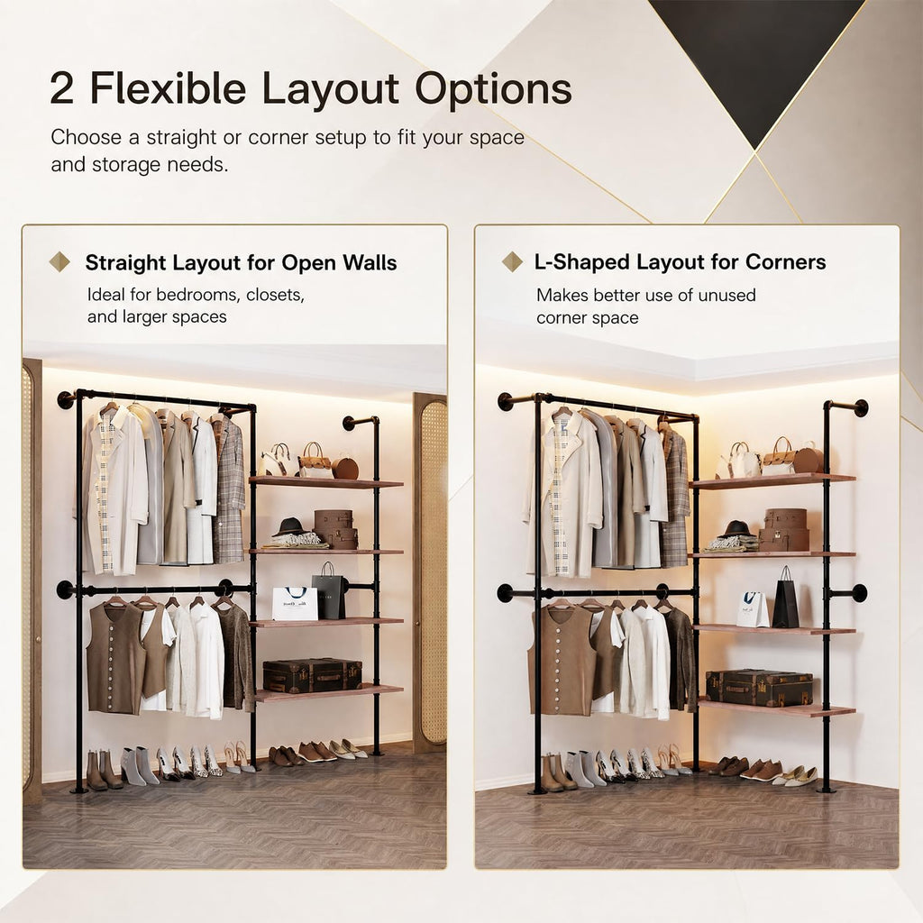 Wall Mounted Clothing Rack, Heavy Duty Pipe Closet, Pine Shelves