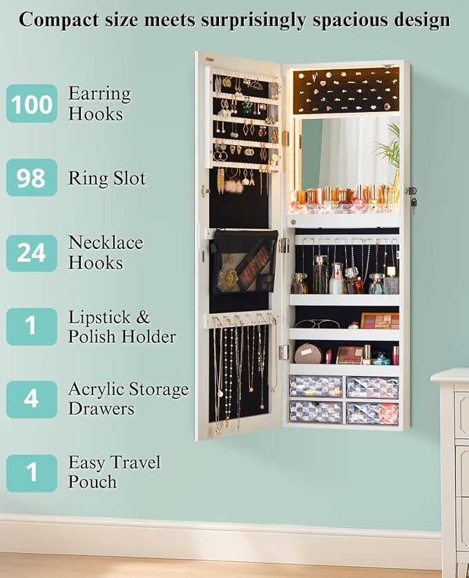 LUXFURNI LED Lights Mirror Jewelry Cabinet Wall Mounted or Door-Hanging - Image 2
