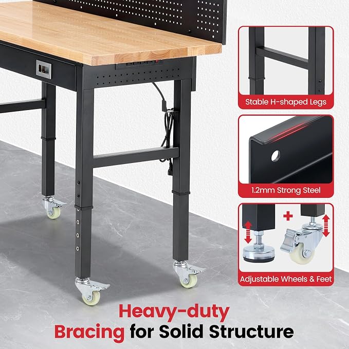 Workbench with Wheels 60 Inch Heavy Duty Rubberwood Tabletop Work Bench - Image 4