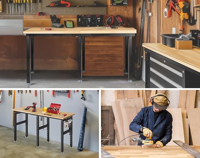 72” Adjustable Height Workbench, 5000 LBS Heavy Duty Table Rubber Wood - Image 6
