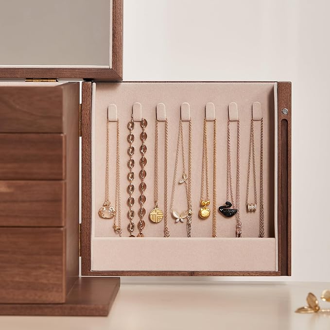 CHOSIN Black Walnut Wooden Jewelry Box, 4-Layer Lockable Wood Jewelry Organizer - Image 9