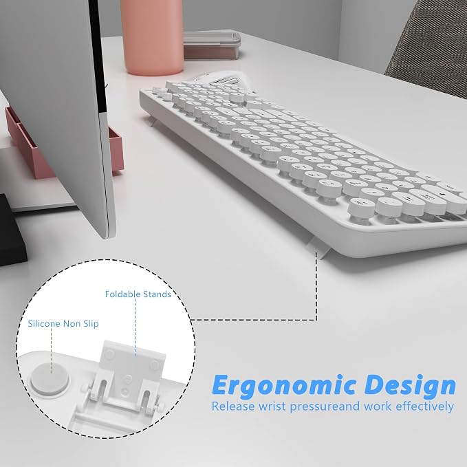 Wireless Keyboard Mouse Combo, 104 Keys Cute White Keyboard - Image 6