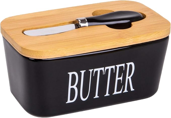 Black Butter Dish with Lid for Countertop, Large Ceramic Covered Butter Stick by QIANCHANG