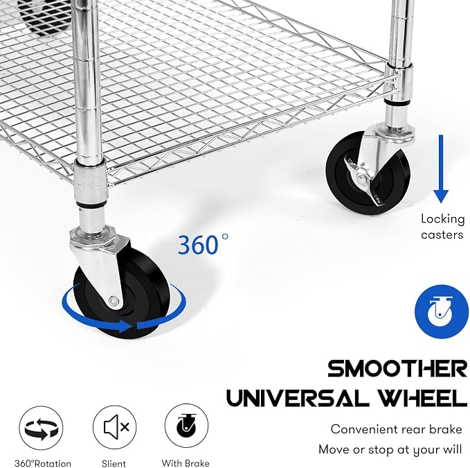 YNN Chrome Utility Rolling Cart, 990Lbs 3 Tier Heavy Duty Metal Cart - Image 6