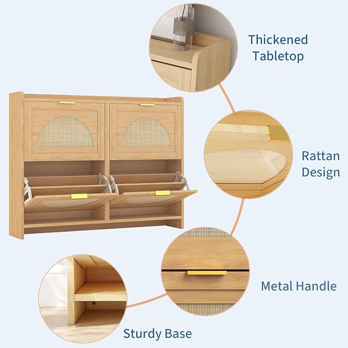 Rattan Shoe Cabinet with 4 Flip Drawers, Natural Wood Shoe Storage Cabinet - Image 5