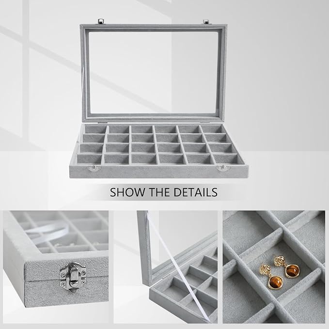 Wudygirl Jewelry Organizer Velvet Jewelry Tray 24 Grid Jewelry Box Earring - Image 3