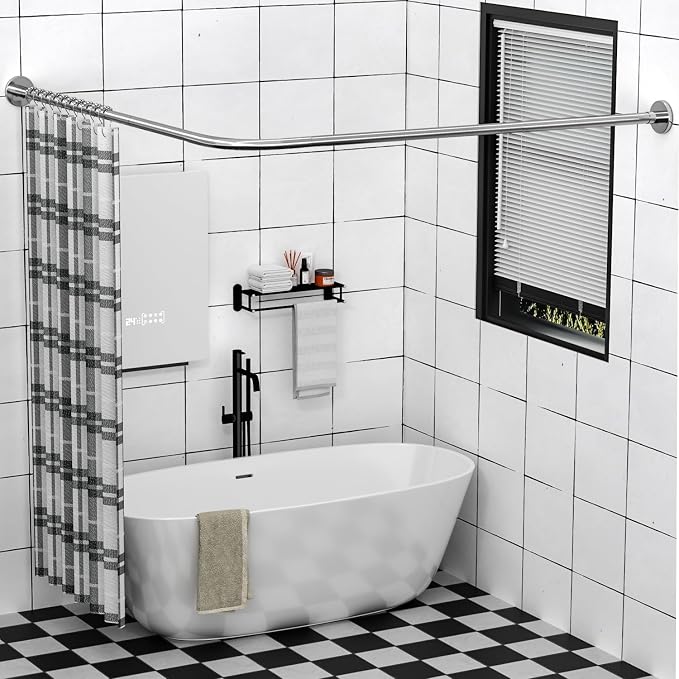 Stretchable 304 Stainless L Shaped Bathroom Bathtub Corner Shower Curtain Rod by Sikaiqi