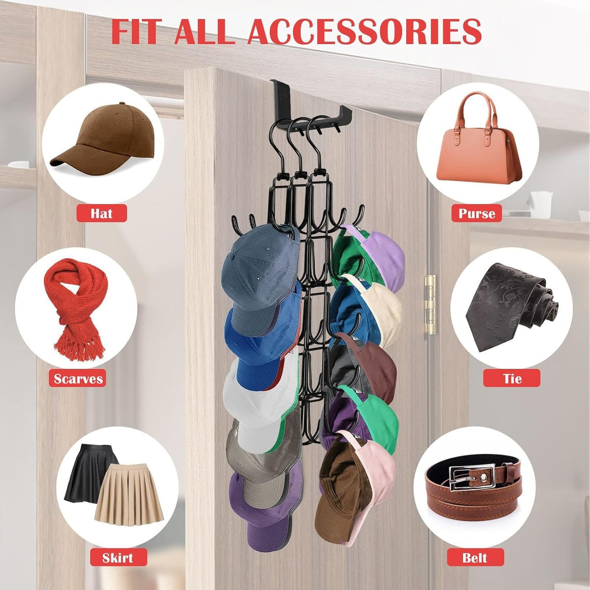 Hat Organizer for Closet: Collapsible Caps Rack with 10 Large Hooks