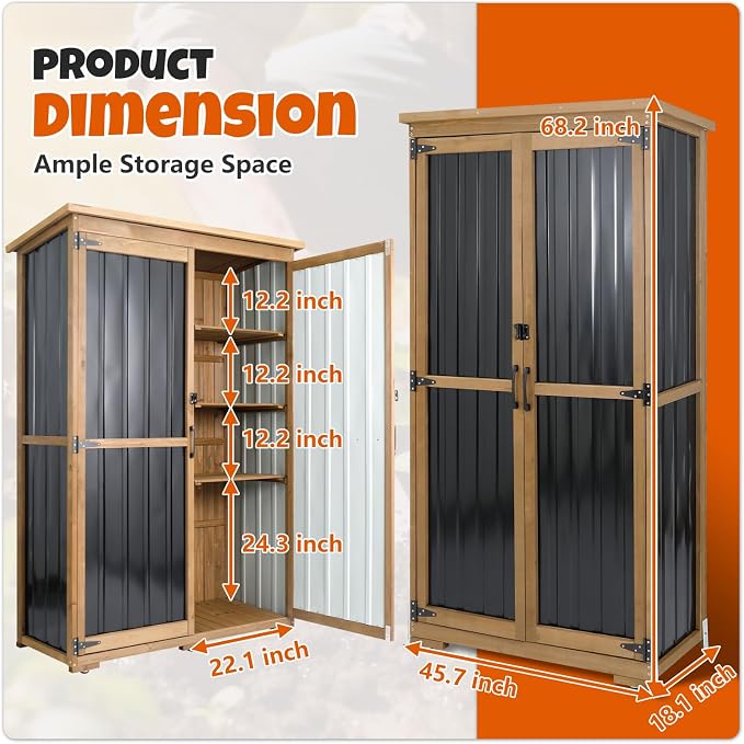 Outdoor Storage Cabinet with Shelves, Wood & Metal Storage Shed with - Image 7