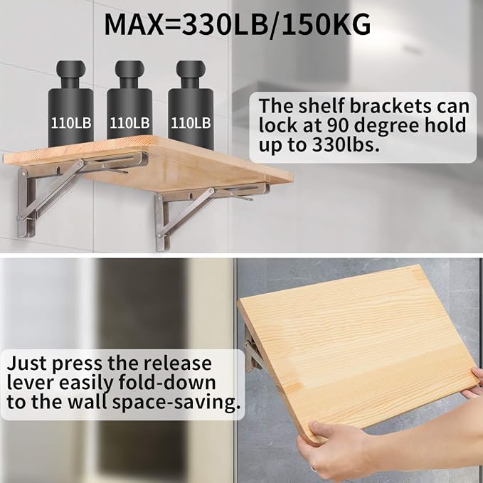 YUMORE Folding Shelf Brackets 16 Inch, Max Load: 330lb Heavy Duty Stainless - Image 4