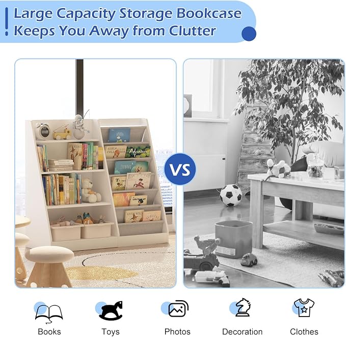 White Kids Bookshelf Wood Toy Storage Organizer Cabinet Children Bookcase - Image 5