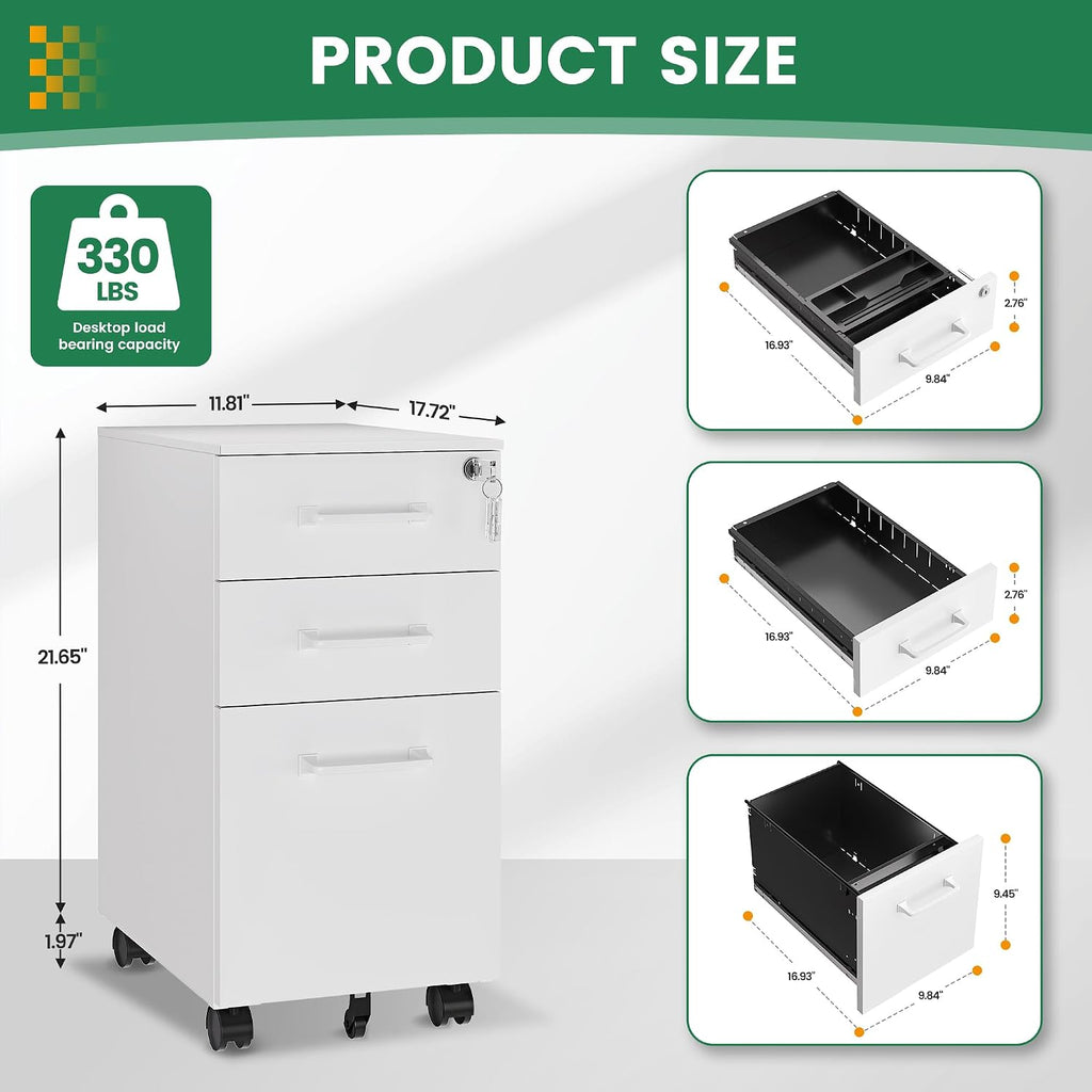 3 Drawer Slim File Cabinet, Mobile File Cabinet with Lock for Home