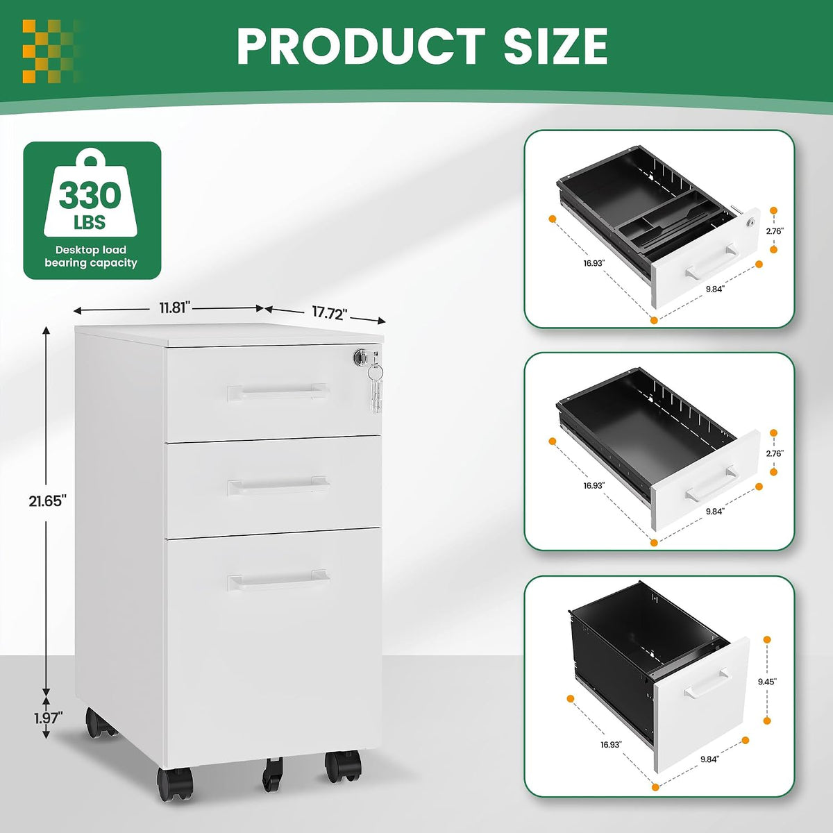 3 Drawer Slim File Cabinet, Mobile File Cabinet with Lock for Home