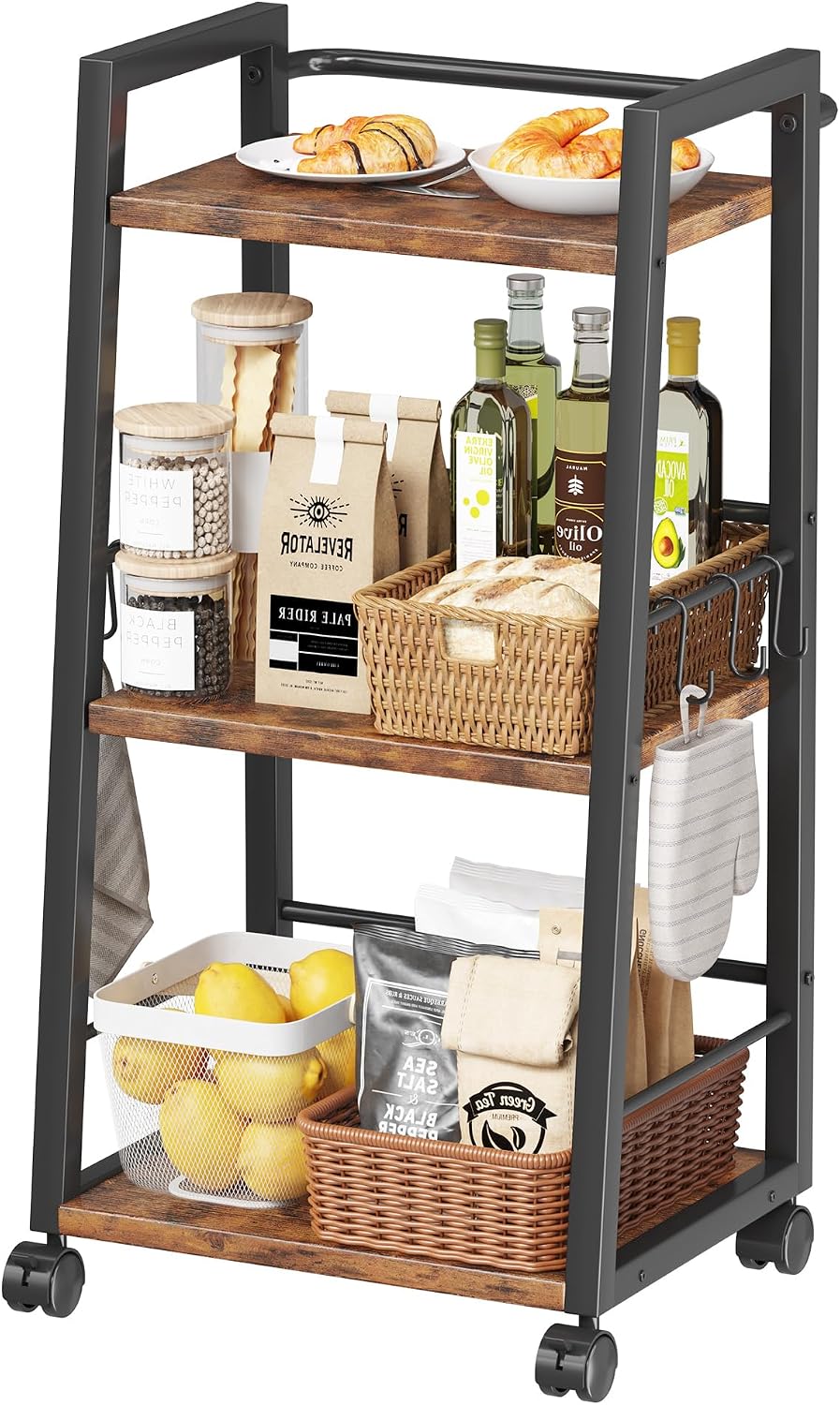 Homeiju 3 Tier Kitchen Storage Cart with Lockable Wheels & 6 Hooks