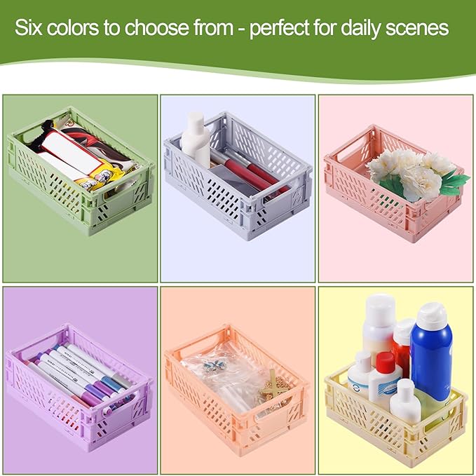 6-Pack Small Pastel Plastic Storage Baskets, Collapsible Crates - Image 2