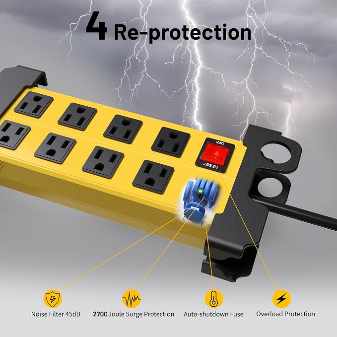 8 Outlet Heavy Duty Power Strip, 2700J Surge Protector - Image 2