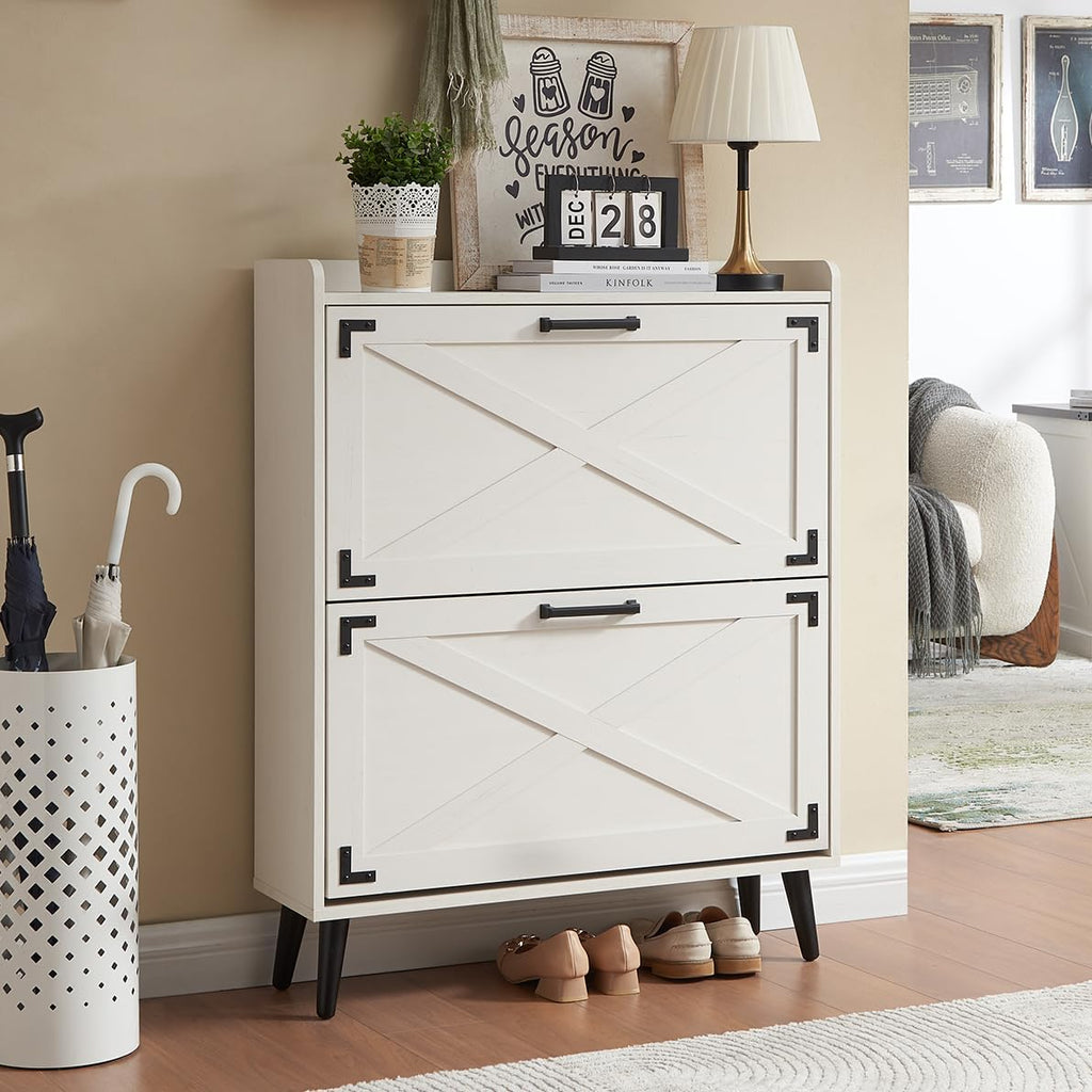 Farmhouse Shoe Storage Cabinet with 2 Flip Drawers & Barn Door