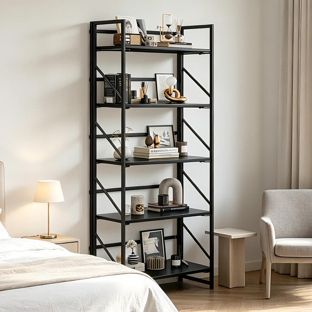 JSB No Assembly Folding Bookshelf, 5 Tier Industrial Metal Book Shelf