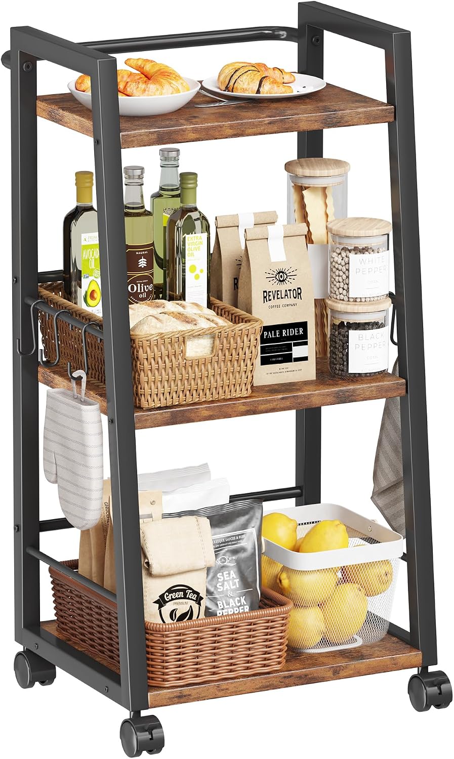 Homeiju 3 Tier Kitchen Storage Cart with Lockable Wheels & 6 Hooks